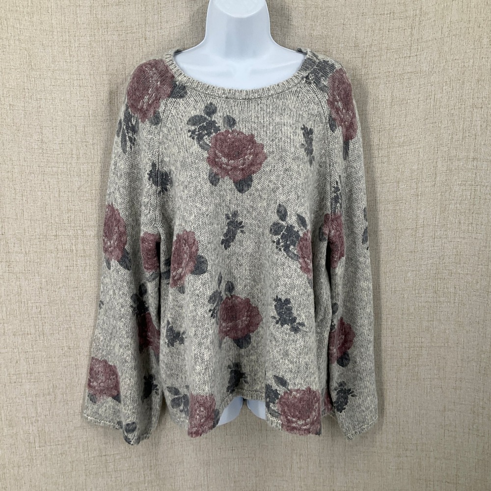 Lucky Brand Floral Sweater‎ Womens XL Grey Cotton Blend Rose Knit Boho NEW